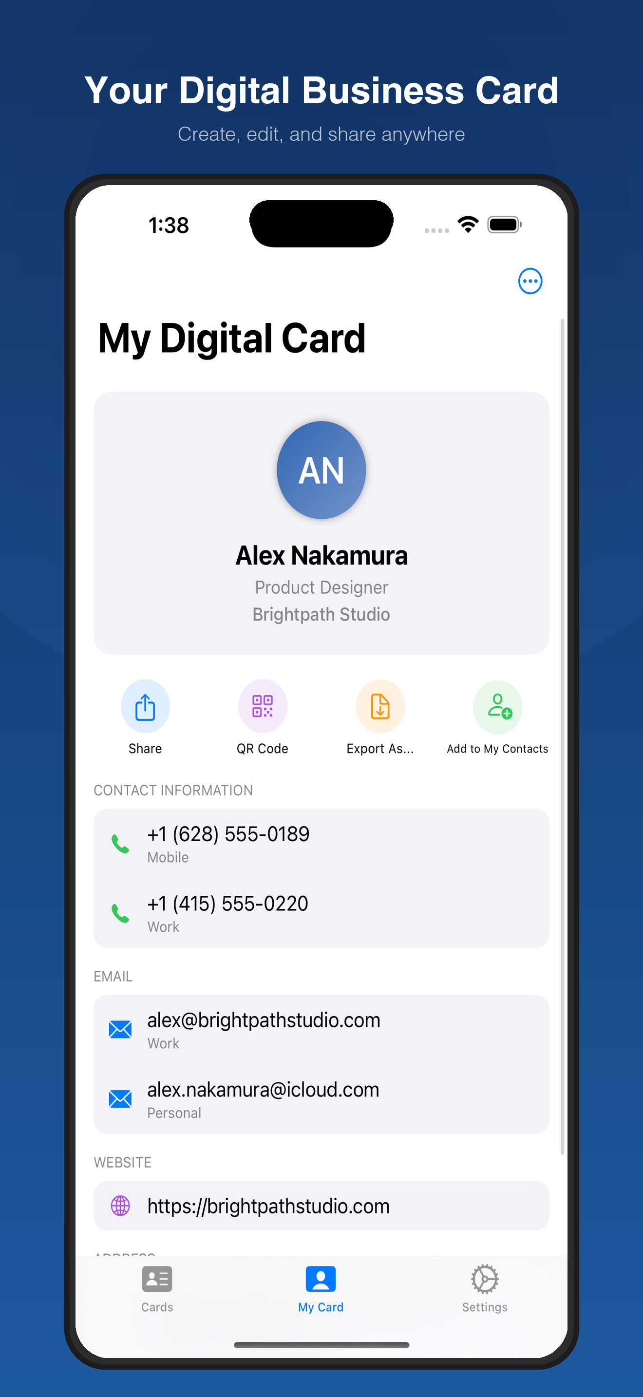 Your digital business card with QR code sharing